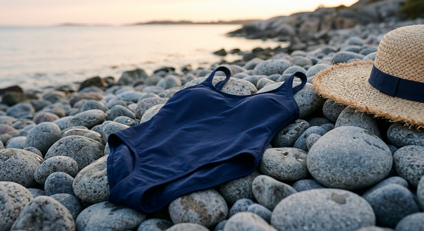 Marineblå badedrakt på strandstein